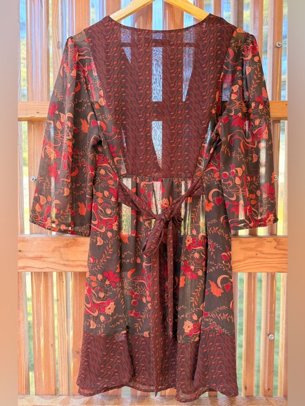 Apostrophe Sheer Floral Boho Dress Tie Back Long Sleeve Size L